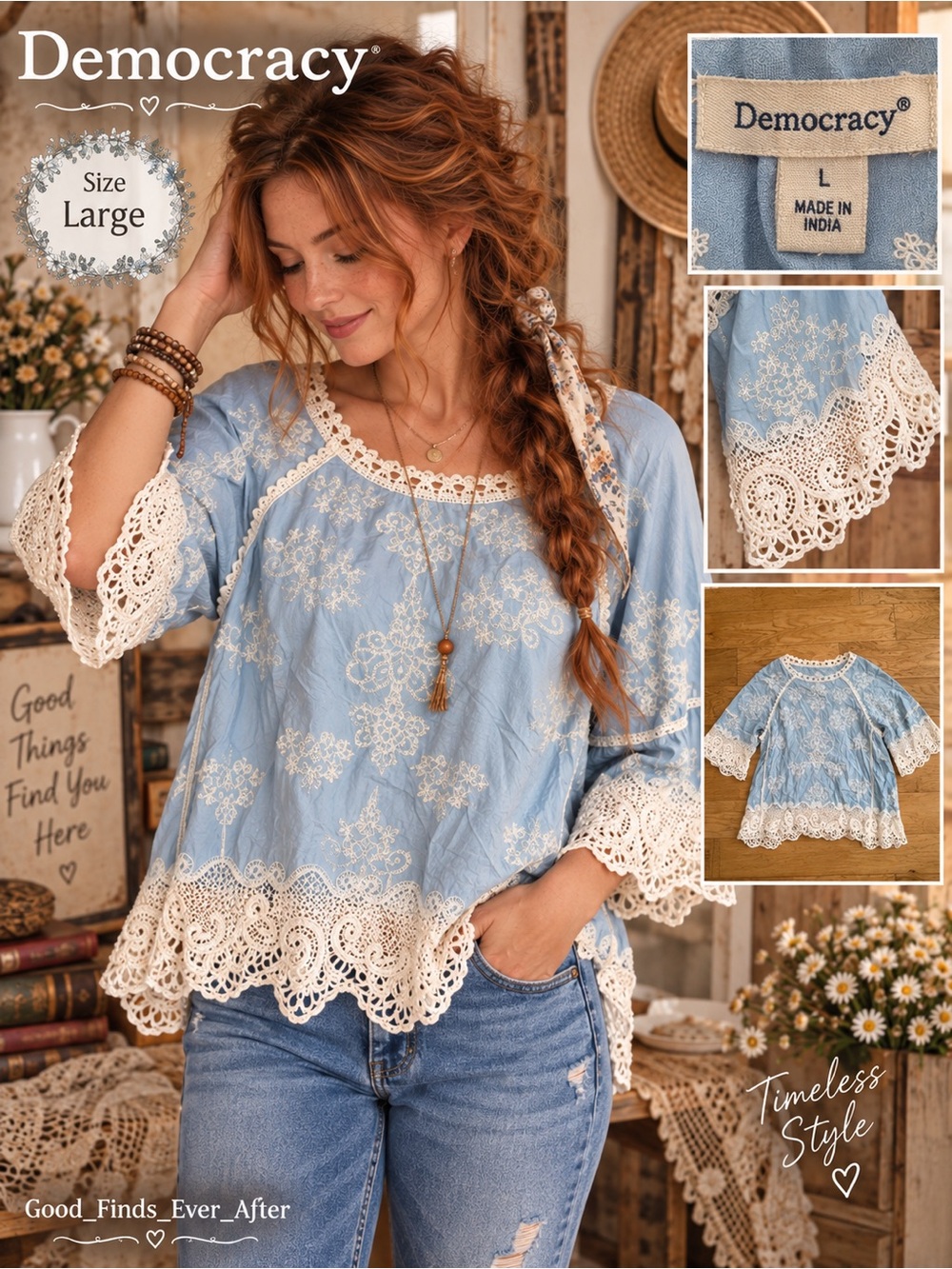 L - Democracy - Light Blue Boho Tunic with Cream Crochet Trim